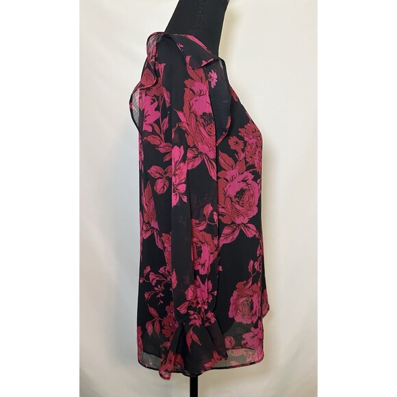 Roz & Ali Red Black Floral Whimsigoth Sheer Ruffles Long Sleeve Top Women SMALL - Picture 4 of 12